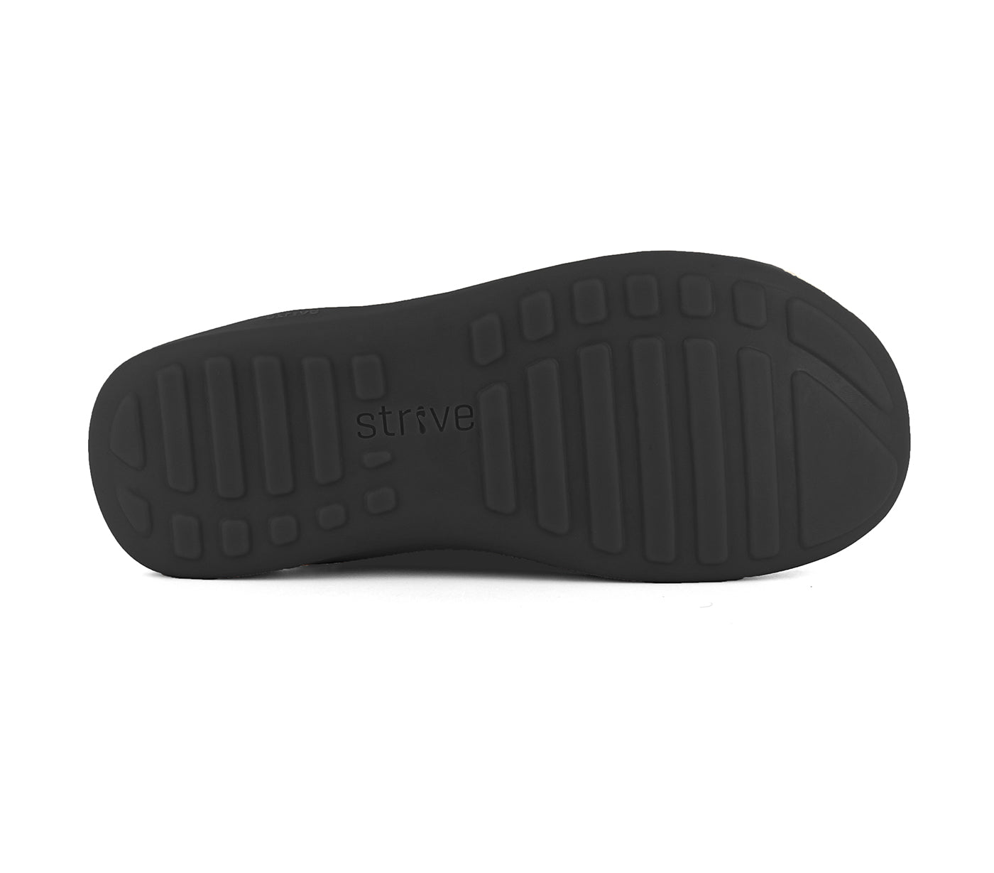 Black shoe sole with 'Strive' branding on a white background. Strive Footwear Zara Women’s Black Slippers