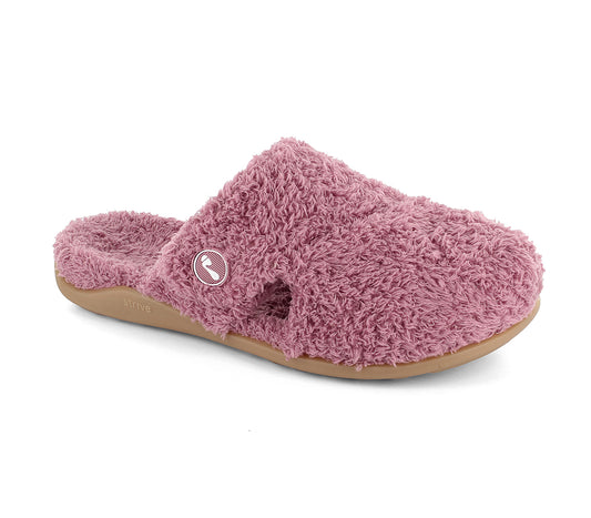 Pink fluffy slipper on a white background. Strive Footwear Zara Women’s Heather Slippers