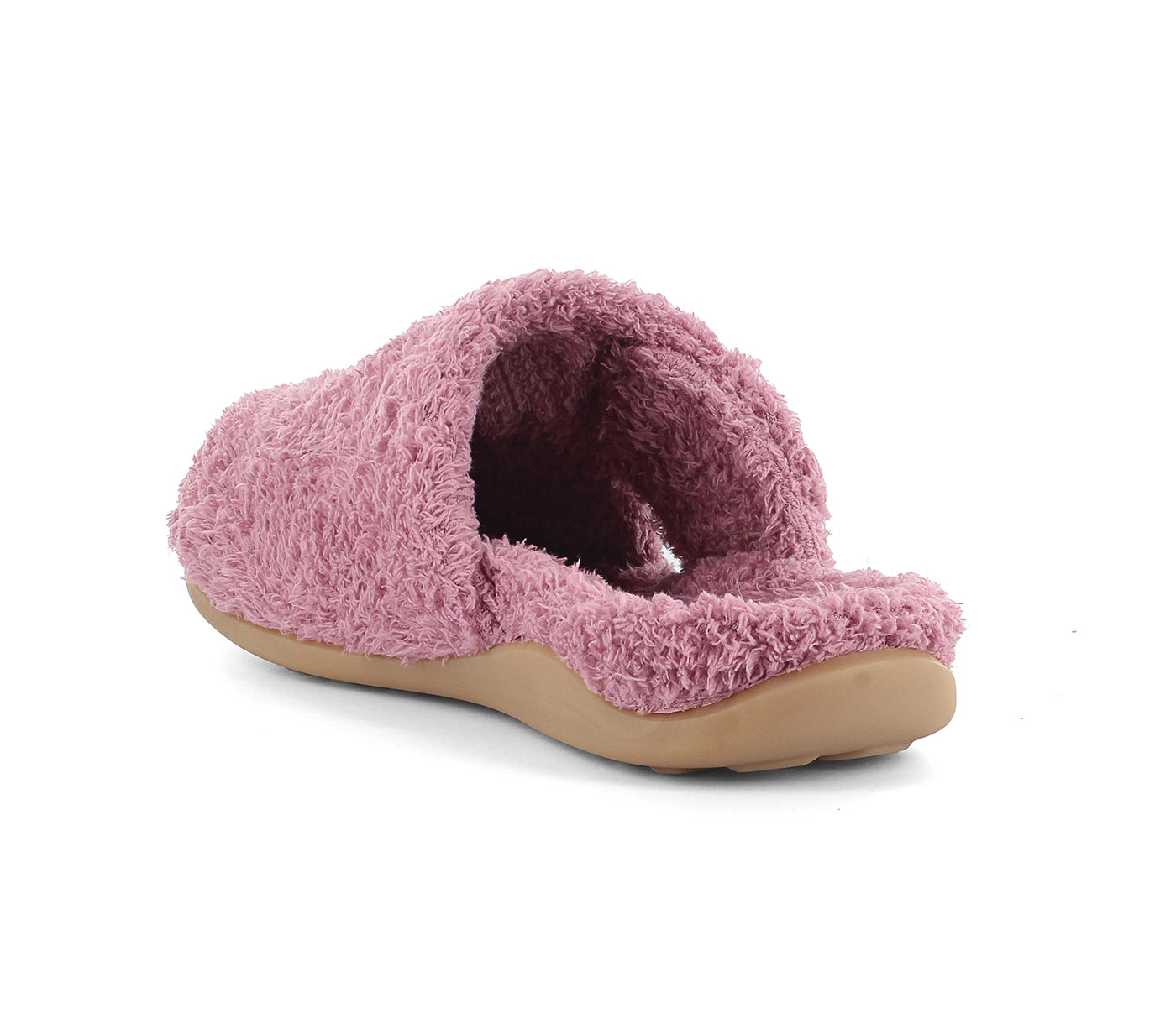 Pink fuzzy slippers on a white background. Strive Footwear Zara Women’s Heather Slippers