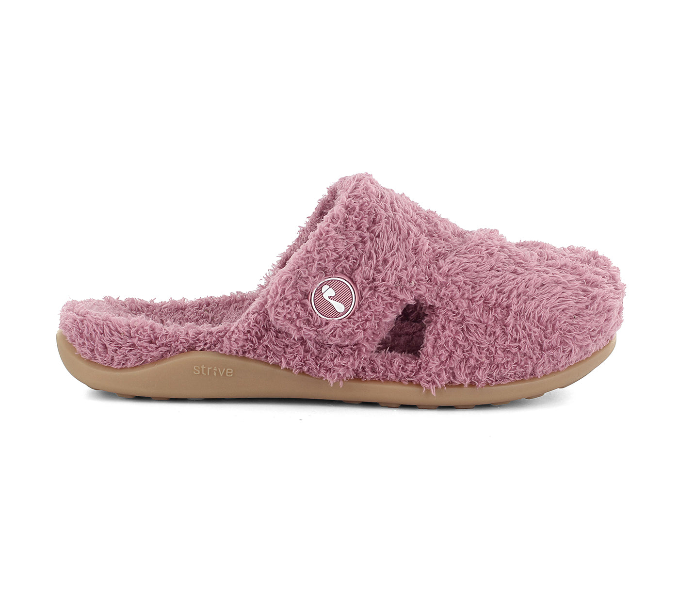Pink fuzzy slipper with a brand logo on a white background. Strive Footwear Zara Women’s Heather Slippers