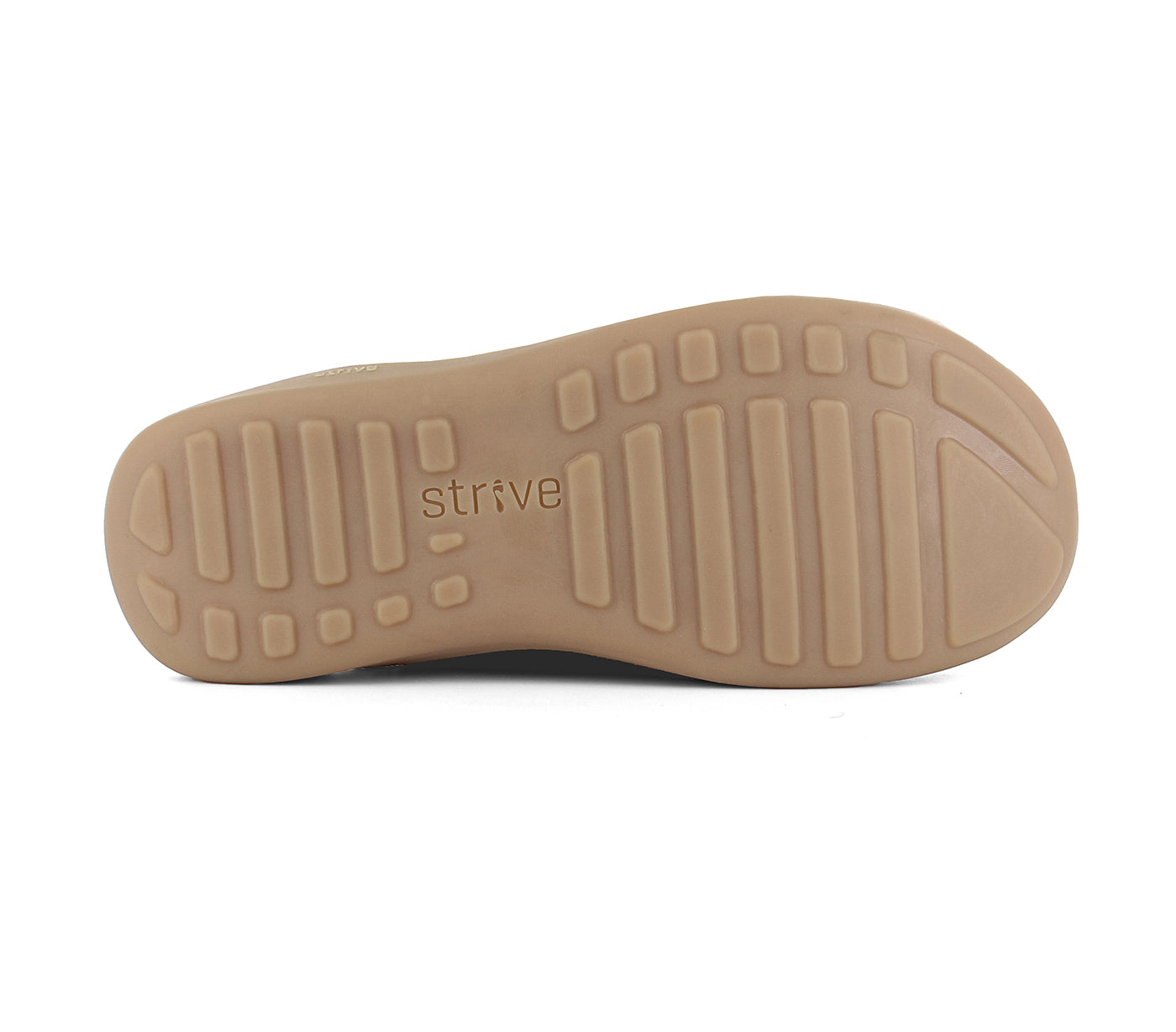 Tan sole of a shoe with 'strive' branding on a white background Strive Footwear Zara Women’s Heather Slippers