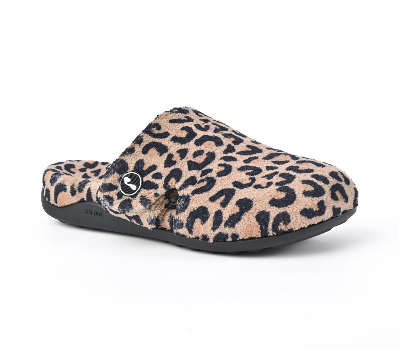 A single slip-on clog-style mule shoe with a plush leopard print upper in beige and black, featuring a black sole and a small circular logo badge on the side. Strive Footwear Zara Women’s Leopard Print Slippers