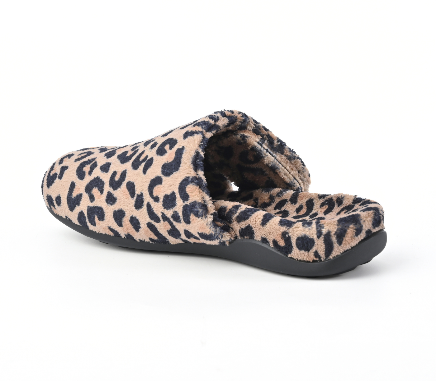 A fuzzy slip-on mule slipper with a beige and black leopard print pattern and a black sole, shown from a side angle on a white background. Strive Footwear Zara Women’s Leopard Print Slippers
