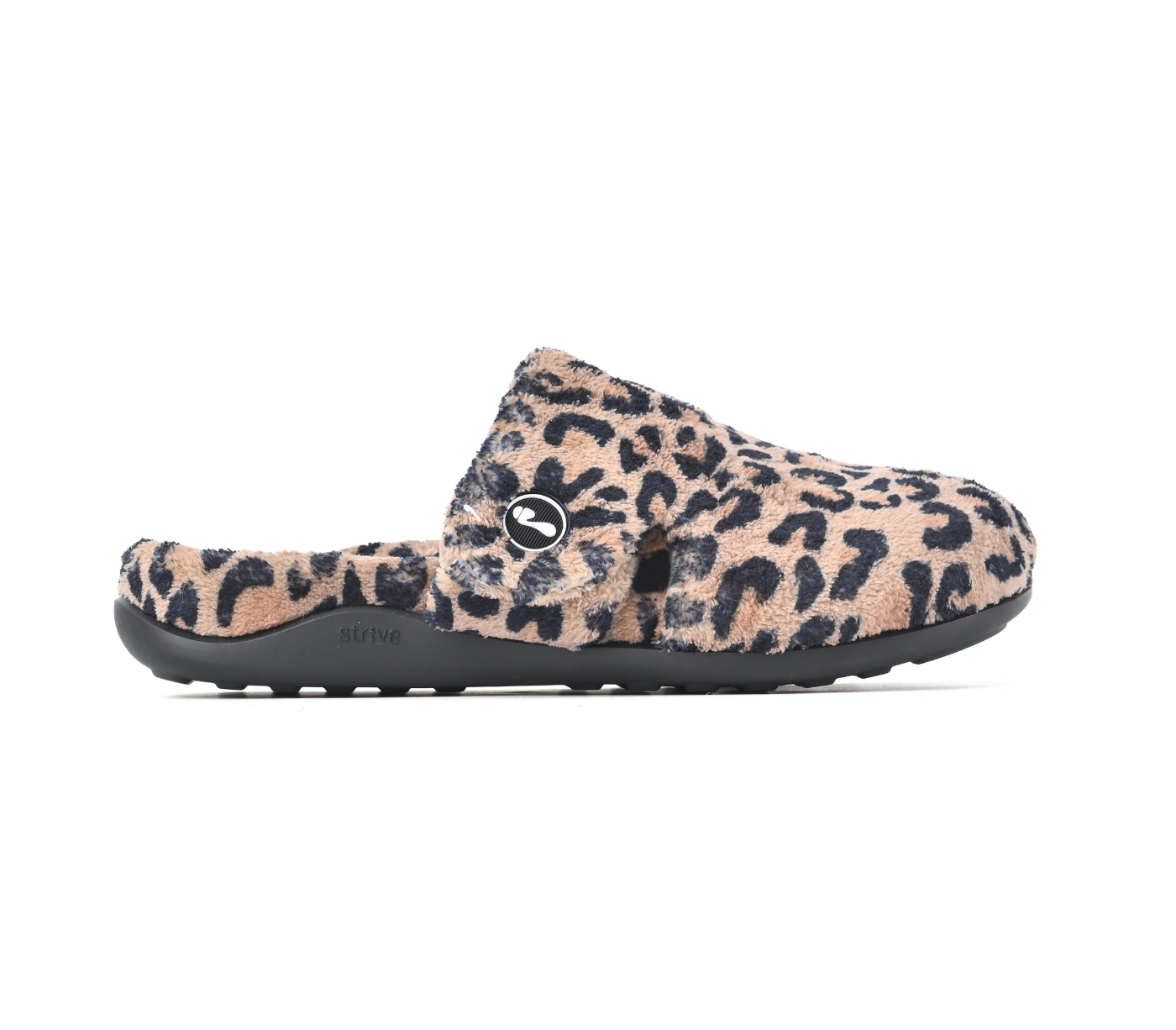 A single Puma clog-style slipper in a beige and black leopard print pattern with a black sole, shown from the side on a white background. Strive Footwear Zara Women’s Leopard Print Slippers