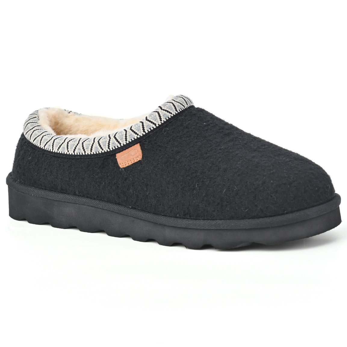 A single slip-on mule shoe with a dark charcoal gray felt upper, a beige sherpa lining, a patterned gray and white trim around the collar, and a thick black sole, shown against a plain white background. Strive Footwear Zurich Felt Slippers Black