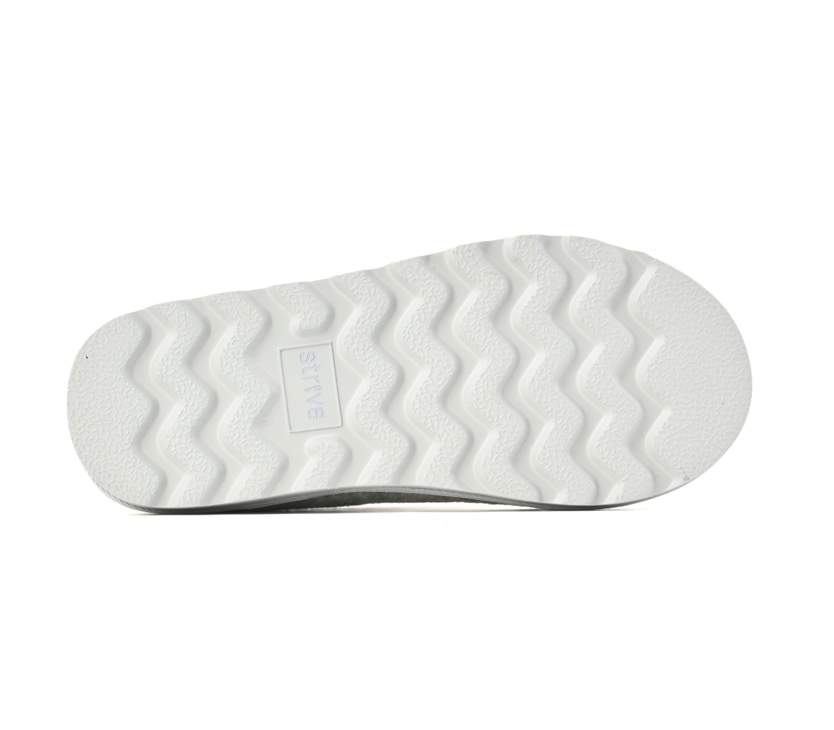 The white textured rubber outsole of a shoe, featuring a wavy tread pattern and a small embossed 'ECOTR' brand label, shown against a plain white background. Strive Footwear Zurich Felt Slippers Grey