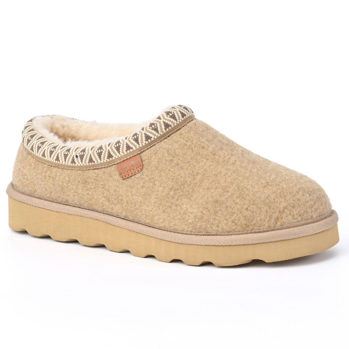 A single slip-on clog-style slipper in beige felt with a cream sherpa lining, a decorative geometric trim around the collar, and a tan sole, shown on a white background. Strive Footwear Zurich Felt Slippers Tan