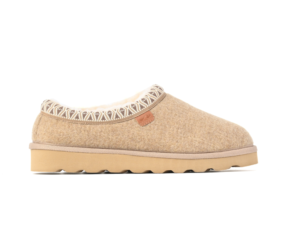 A single slip-on slouchy shoe in beige felt with a cream-coloured geometric pattern trim around the collar and a tan sole, shown against a plain white background. Strive Footwear Zurich Felt Slippers Tan