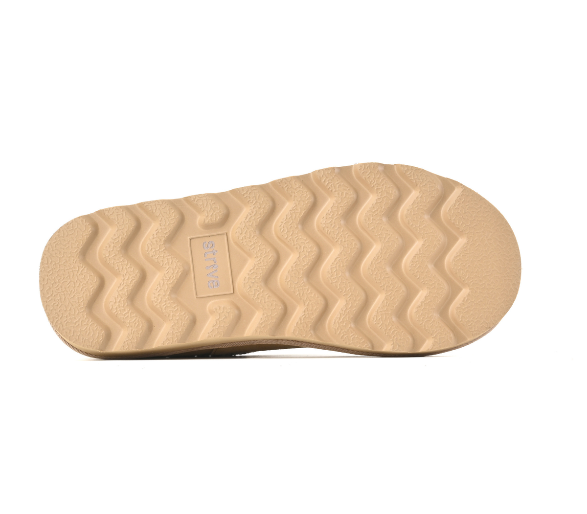 The beige textured rubber outsole of a shoe, featuring a wavy tread pattern and a small square brand label reading 'STRIVE', shown against a plain white background.