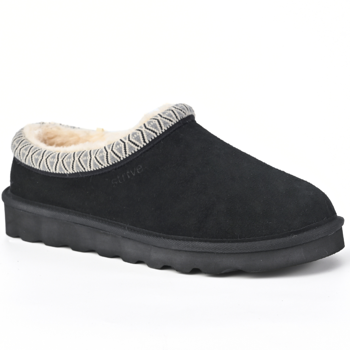 A single black slip-on clog-style winter shoe with a textured knit collar and a soft cream-coloured shearling lining, shown against a plain white background. Strive Footwear Zurich Suede Slippers Black