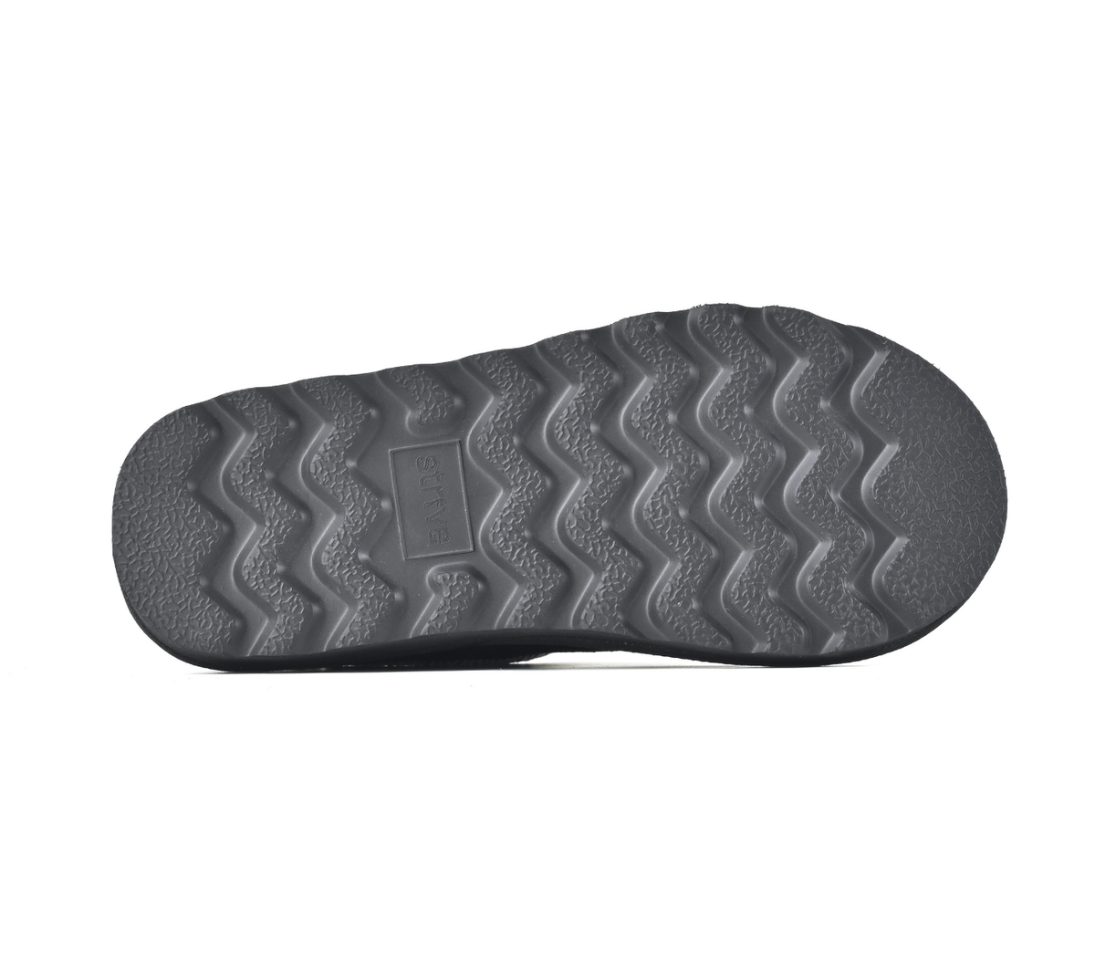 The textured black rubber outsole of a shoe, showing a wavy tread pattern and a small embossed brand logo in the center, isolated on a white background.