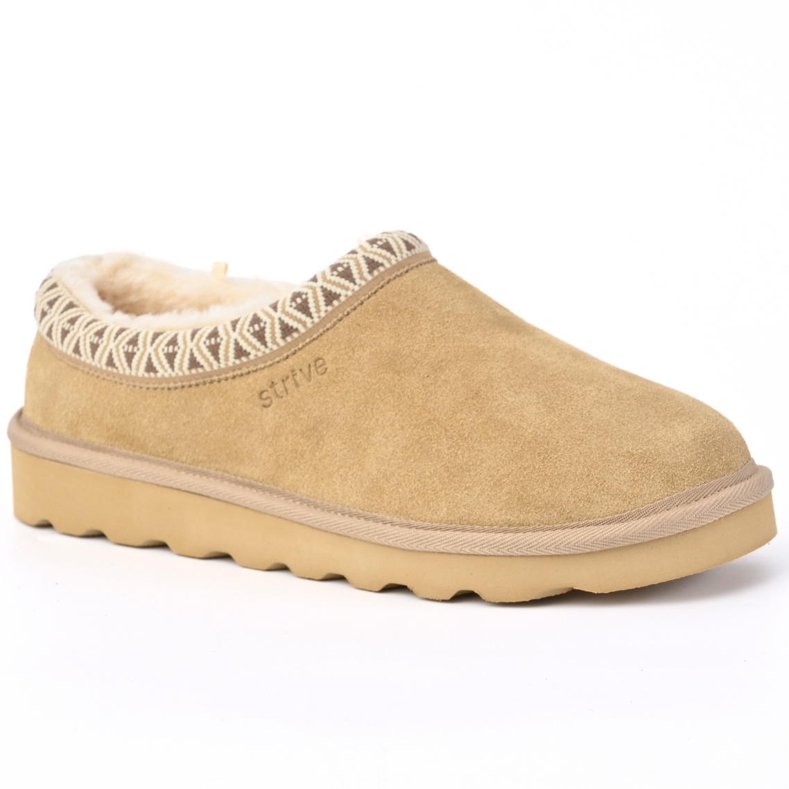 A single slip-on clog-style slipper in tan suede with a cream-colored faux fur lining and a decorative braided trim around the collar, shown against a plain white background.