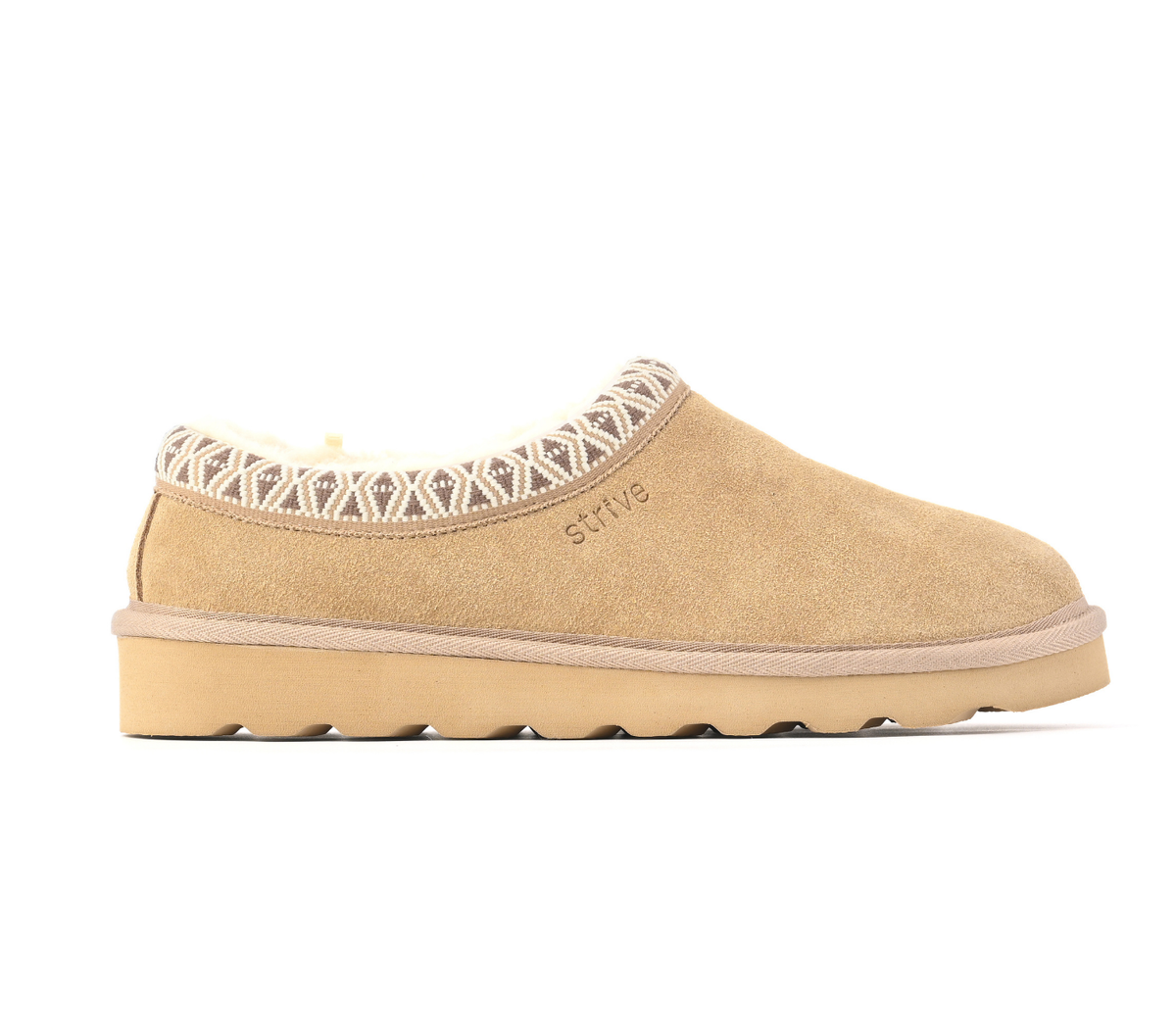A single tan suede slip-on clog shoe with a thick beige sole, a cream geometric pattern trim around the collar, and the brand name 'STRIVE' printed on the side, shown against a plain white background.