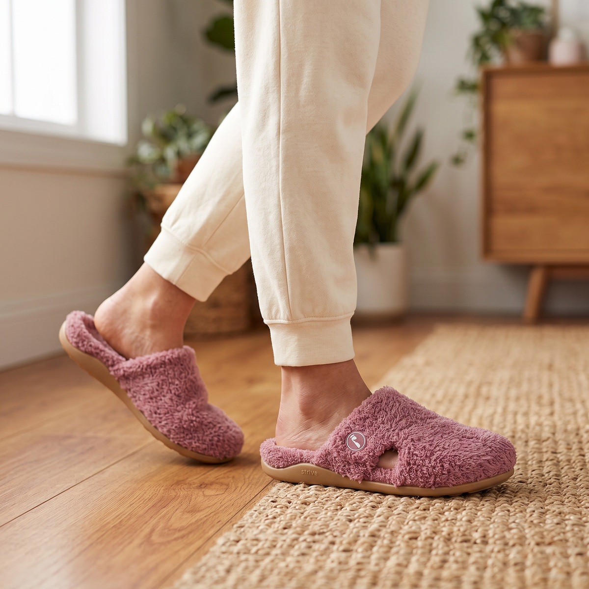 A person wearing cozy mauve-pink fuzzy slip-on slippers with cream sweatpants, standing on a woven rug in a bright, modern room.