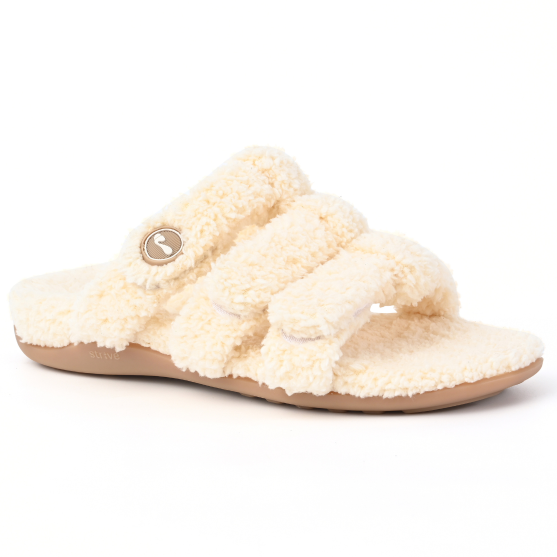 A single cream-colored fluffy shearling slide sandal with a tan sole and a small gold-tone logo button on the strap, shown against a plain white background.