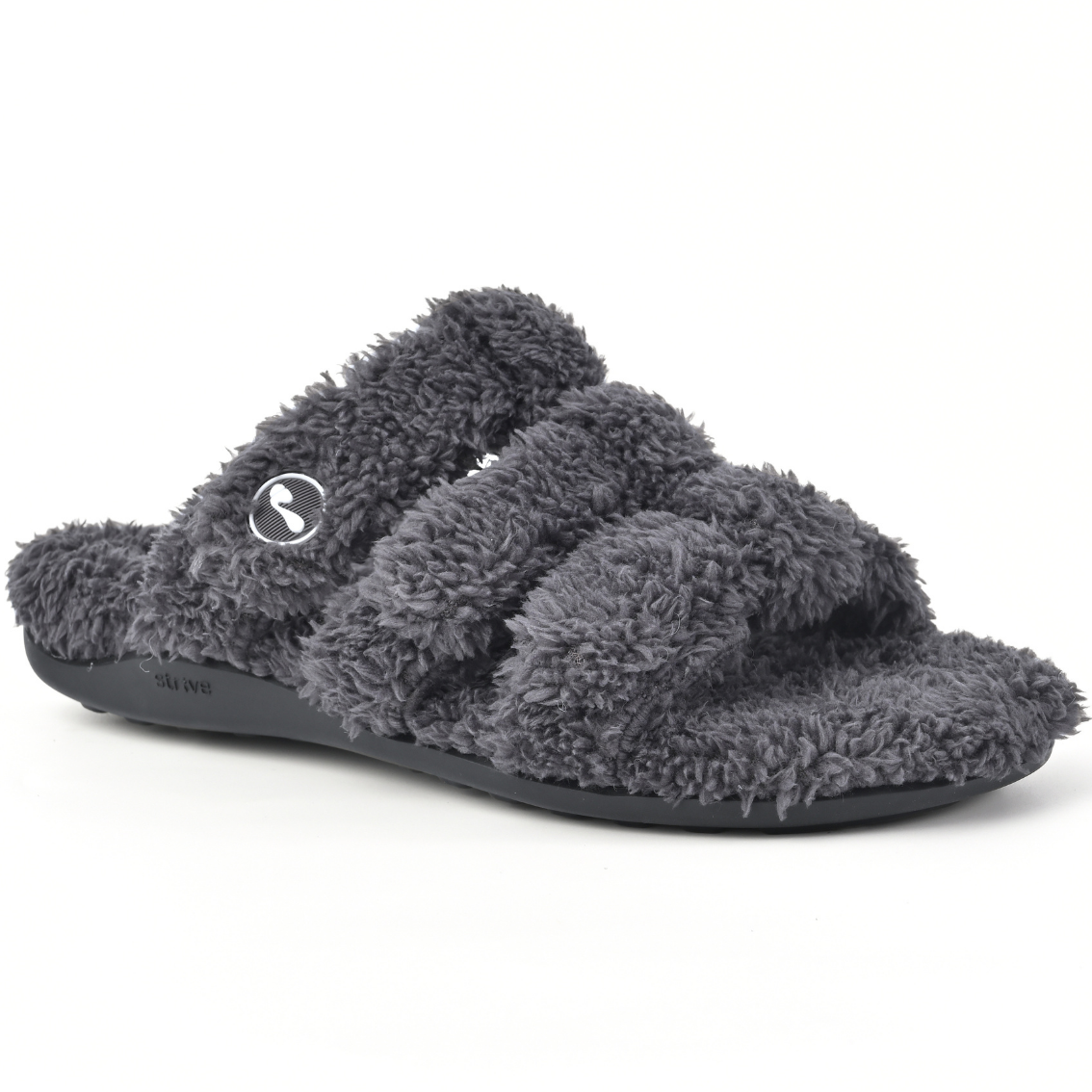 A single dark gray fuzzy slide sandal with wide textured straps and a black sole, shown on a plain white background.