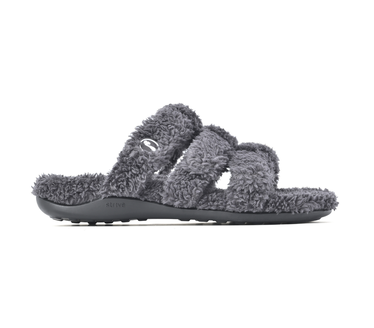 A single dark gray fuzzy slide sandal with two wide straps and a contoured sole, shown in profile against a plain white background.