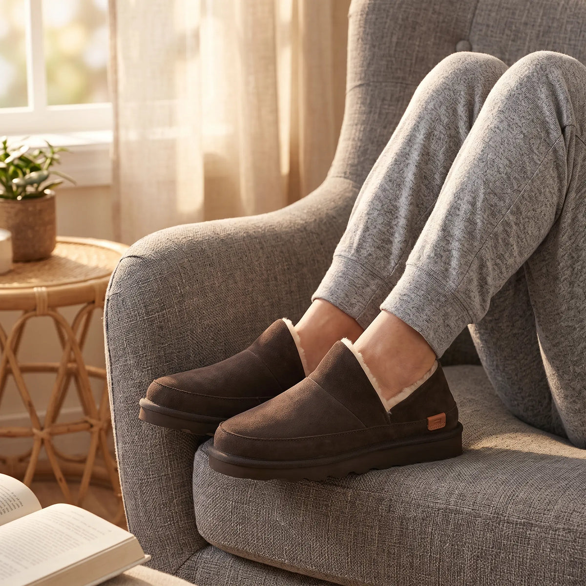 Brown Strive Alaska slippers with soft cream lining, worn while relaxing in a sunlit armchair.