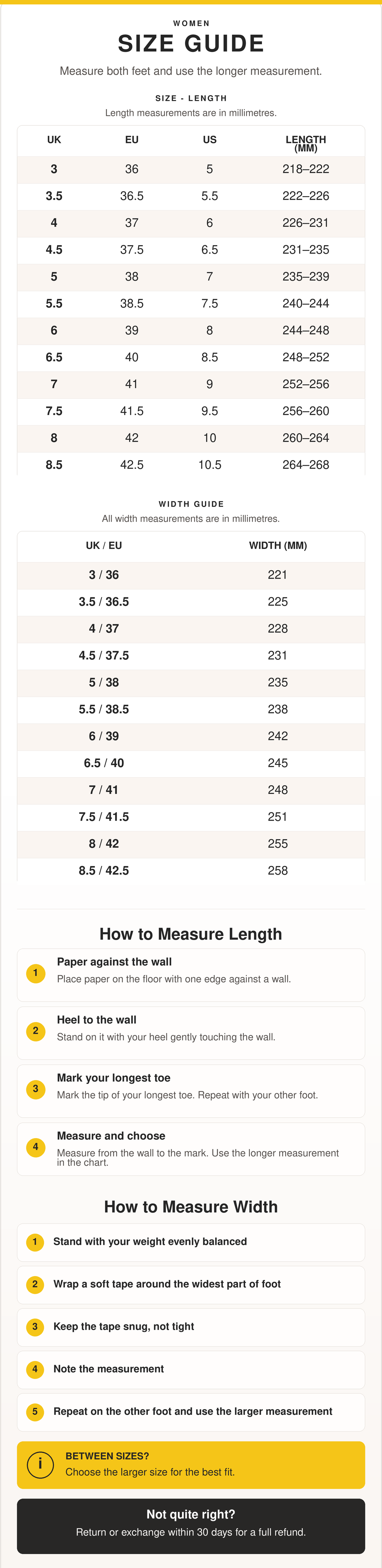 Strive Footwear size guide: UK size, EU size and footbed length in mm