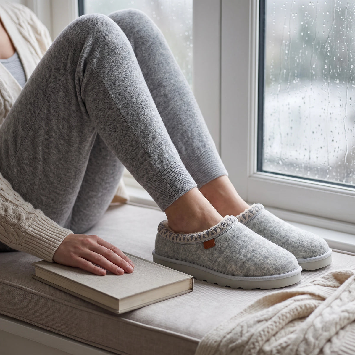 Grey Strive Zurich felt slippers with patterned trim, worn beside a rain-covered window.